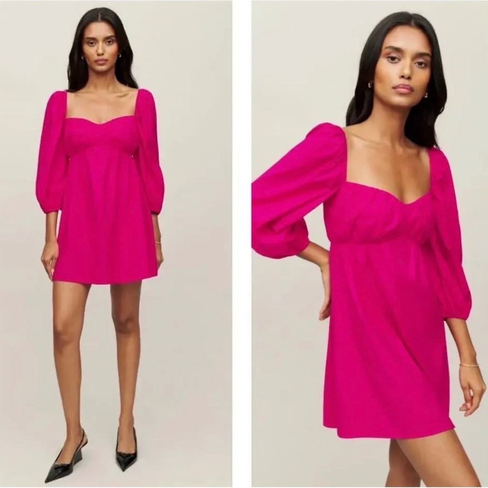 Reformation Farley Puff Sleeve Milkmaid Mini Babydoll Dress Fuchsia Pink Sz 12